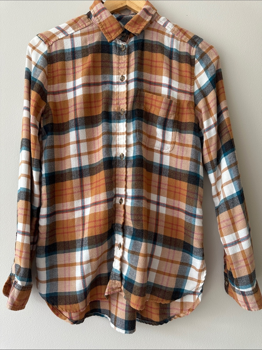 Women's Plaid Button-Down Shirt Boyfriend Fit in Mustard and Teal Size Small